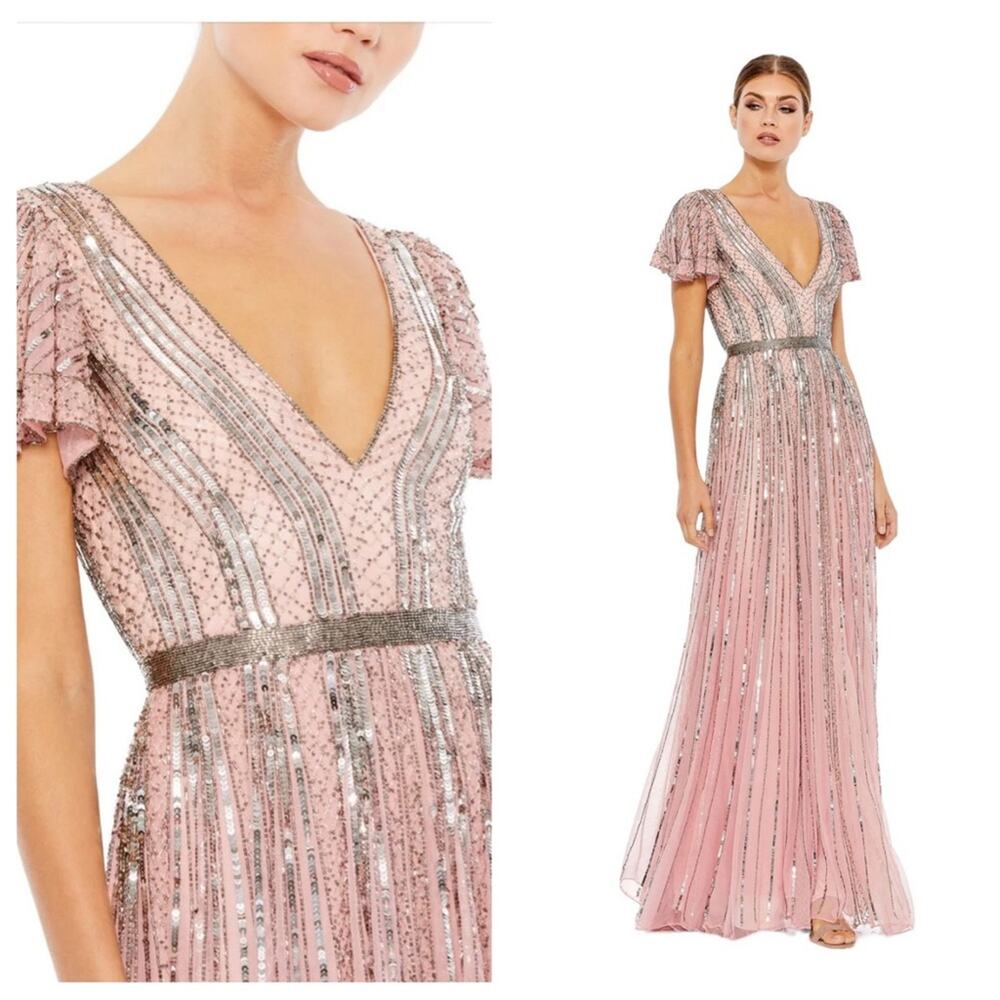 NWT MAC DUGGAL Rose Stripe Sequin V-Neck Beaded Belted Maxi Gown Women’s